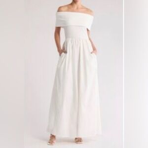 LoveXDesign White Off Shoulder Maxi Dress Large Cottagecore Pockets